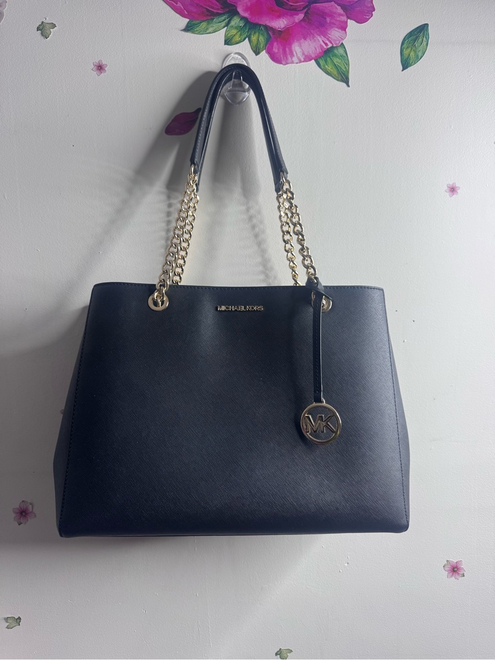 Michael Kors Black Saffiano Chain-Handle Shoulder Tote with Gold Hardware
